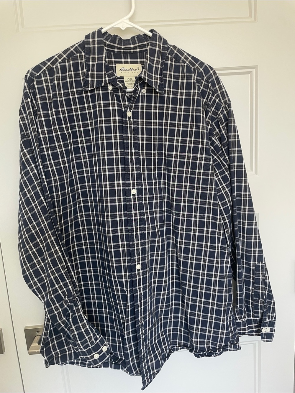 Eddie Bauer Navy and White Plaid Button-Down Shirt